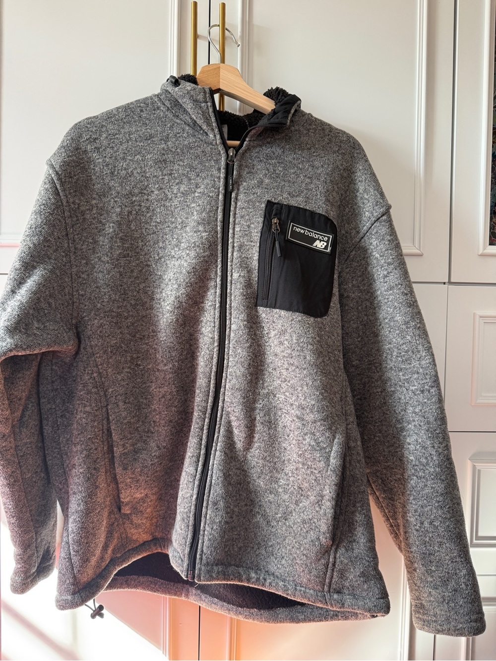 New Balance Men’s Grey Hooded Full-Zip Sweater with Black Chest Pocket